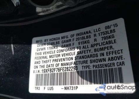 2015 Honda Civic Se z USA, uszkodzony, nr VIN 19XFB2F76FE282293